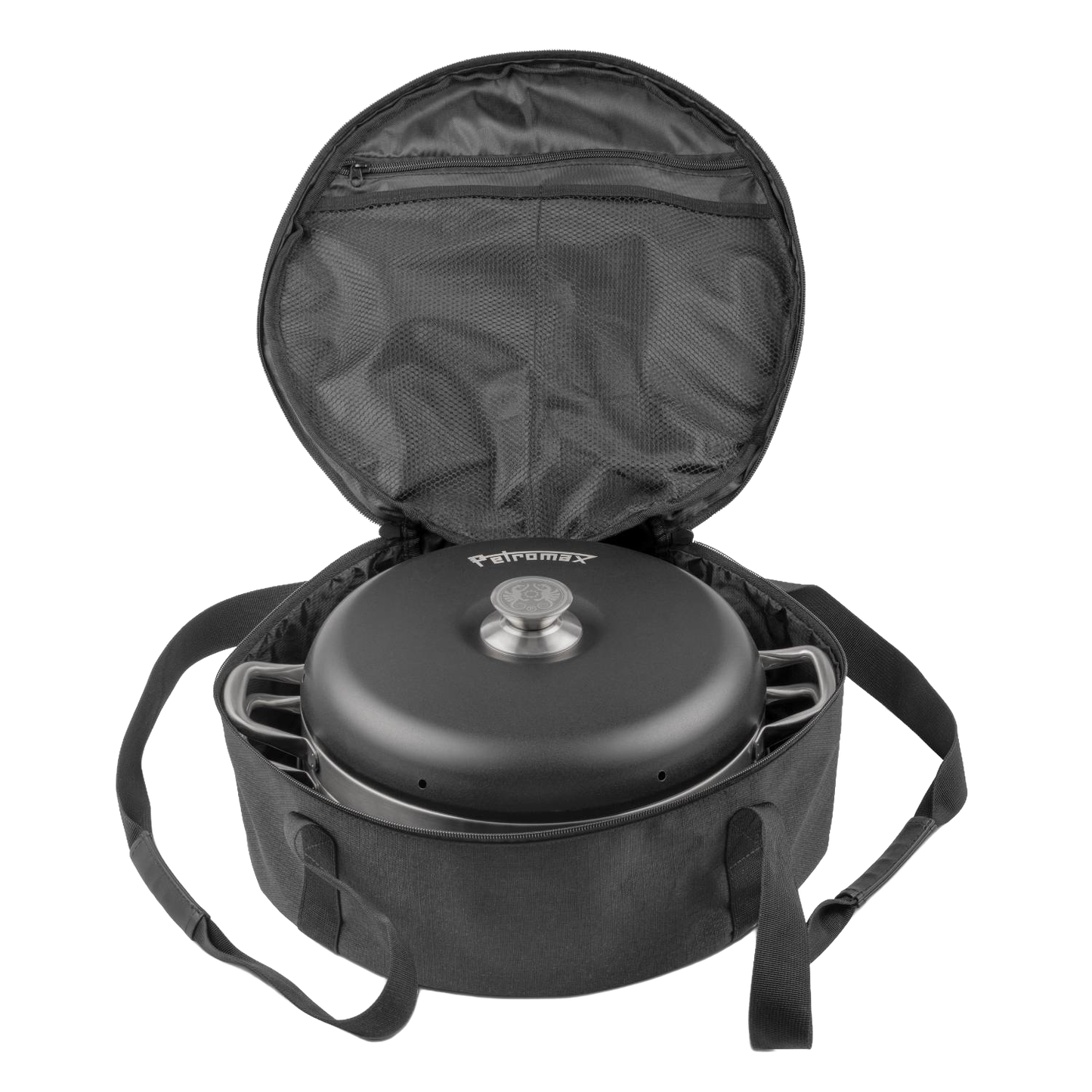 Durable black ripstop transport bag with zippered mesh pocket, open to reveal a cooking oven inside, designed for outdoor use in Farm, Garden & Tool, Camping, and Best Sellers collections.