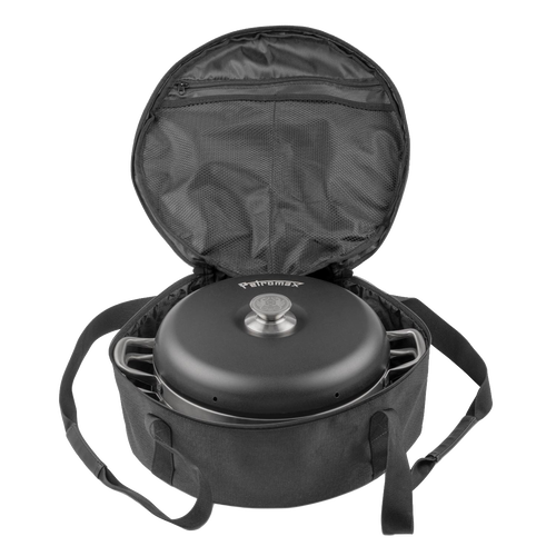 Durable black ripstop transport bag with zippered mesh pocket, open to reveal a cooking oven inside, designed for outdoor use in Farm, Garden & Tool, Camping, and Best Sellers collections.