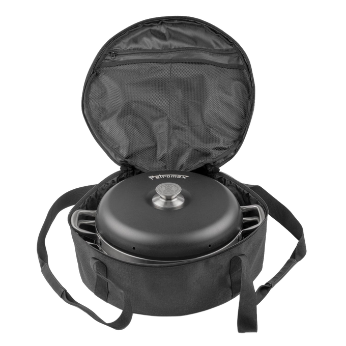Durable black ripstop transport bag with zippered mesh pocket, open to reveal a cooking oven inside, designed for outdoor use in Farm, Garden & Tool, Camping, and Best Sellers collections.