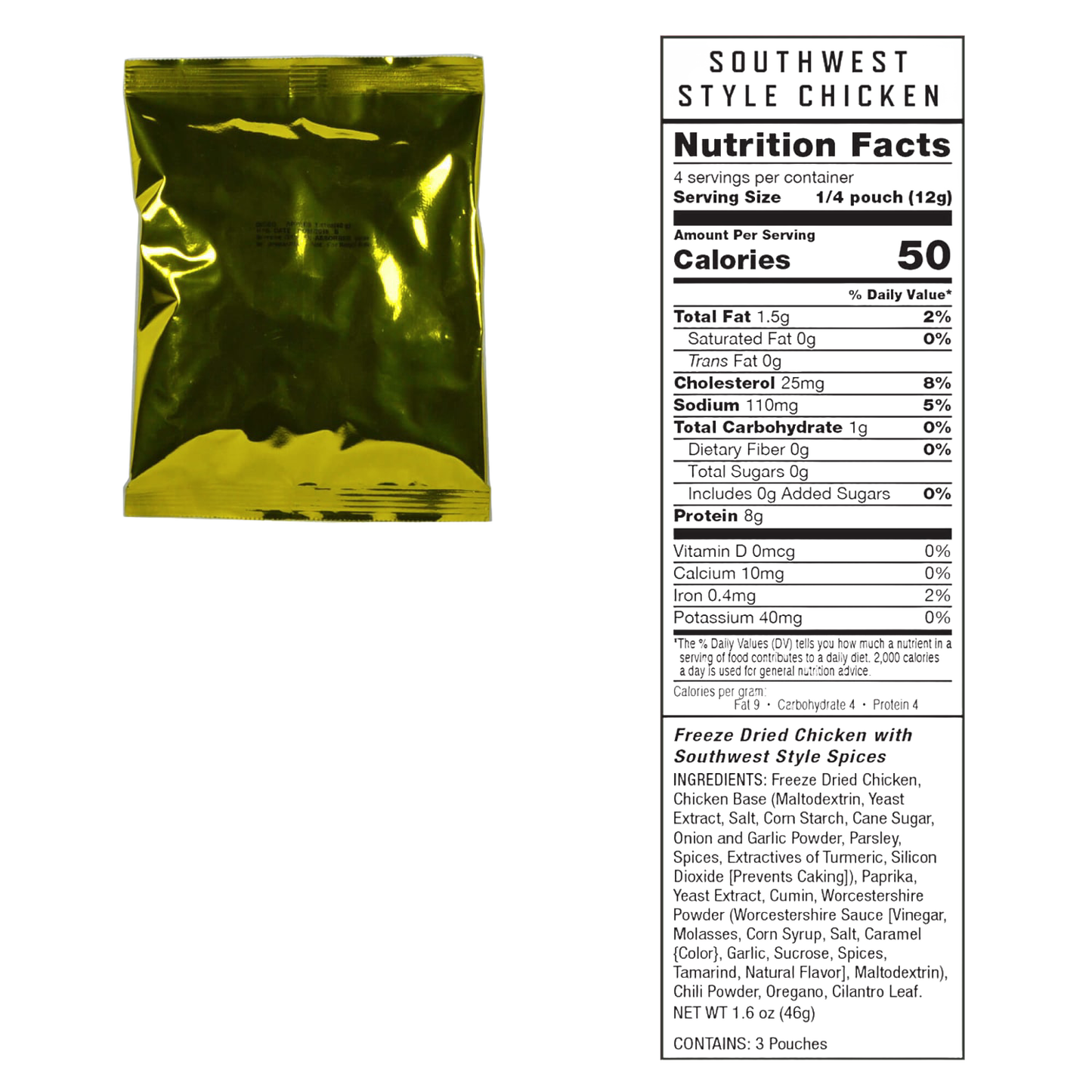 Gold metallic vacuum-sealed pouch of emergency freeze-dried meat with a detailed nutritional facts label showing serving size and ingredients, suitable for long-term food storage and emergency preparedness in Farm, Garden & Tool, Kitchen & Food, Emergency Supplies, and Freeze Dried collections.