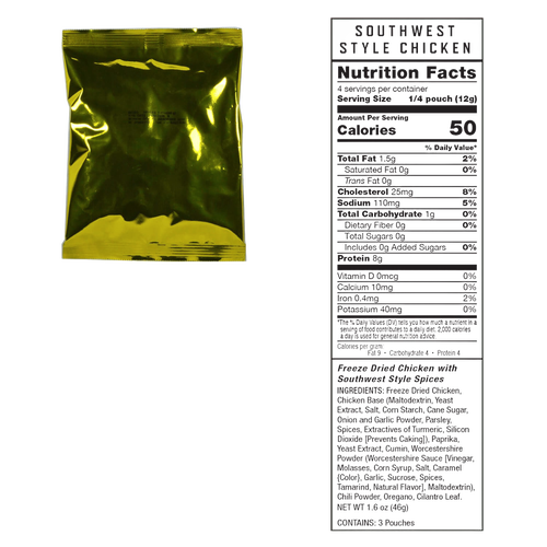 Gold metallic vacuum-sealed pouch of emergency freeze-dried meat with a detailed nutritional facts label showing serving size and ingredients, suitable for long-term food storage and emergency preparedness in Farm, Garden & Tool, Kitchen & Food, Emergency Supplies, and Freeze Dried collections.