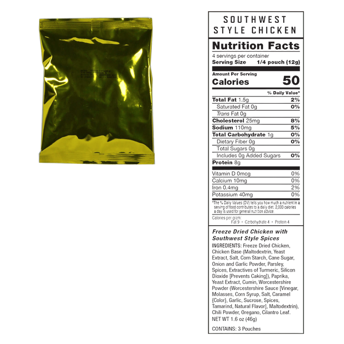 Gold metallic vacuum-sealed pouch of emergency freeze-dried meat with a detailed nutritional facts label showing serving size and ingredients, suitable for long-term food storage and emergency preparedness in Farm, Garden & Tool, Kitchen & Food, Emergency Supplies, and Freeze Dried collections.