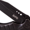 Close-up of a blackened stainless steel pocket knife blade with Lehman's logo, featuring a rugged folding design from the Farm, Garden & Tool and Pocket Knives collections.