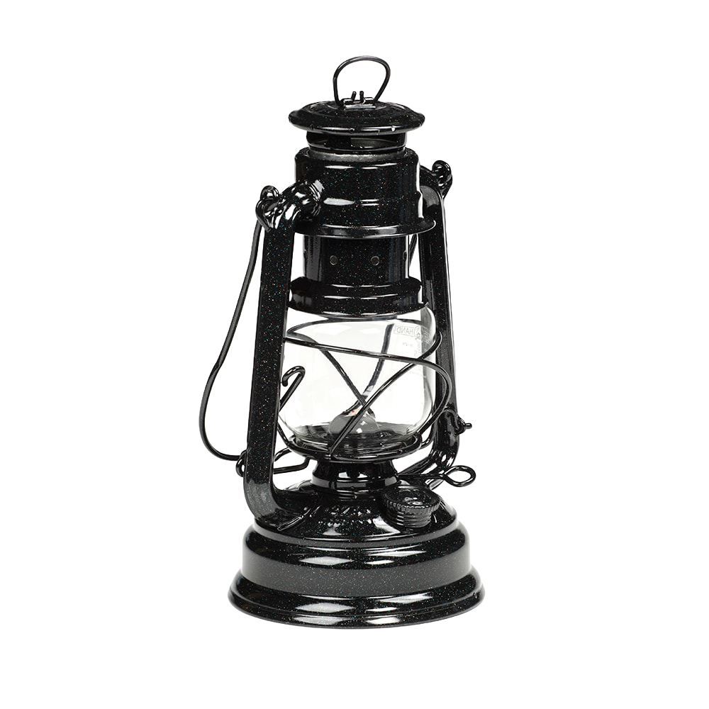 Classic black galvanized oil lantern with clear thermal glass globe and sturdy metal frame, handcrafted for reliable outdoor lighting in camping and emergency settings.