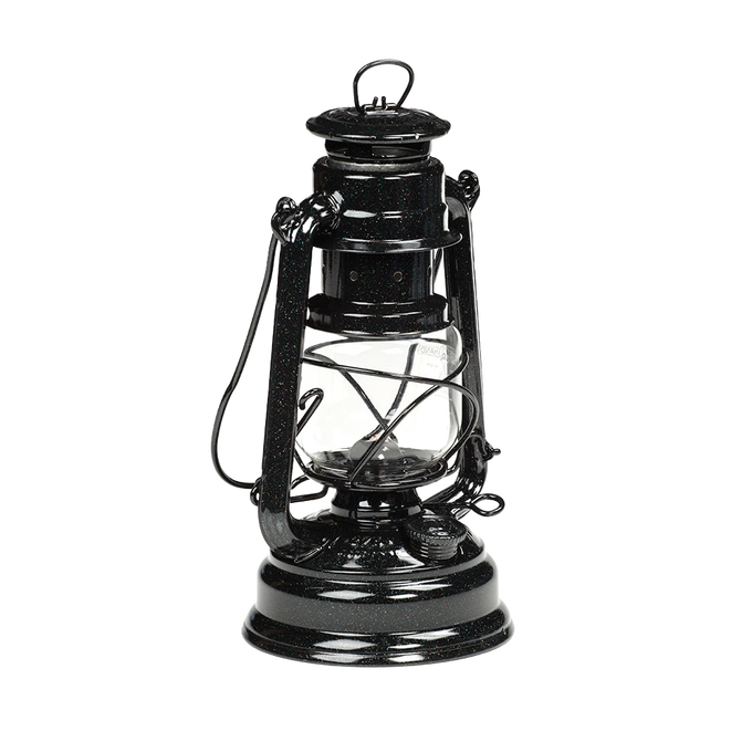 Classic black galvanized oil lantern with clear thermal glass globe and sturdy metal frame, handcrafted for reliable outdoor lighting in camping and emergency settings.