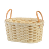 Handcrafted wooden toy laundry basket with two leather handles, made in the USA by Amish artisans, perfect for children's indoor play and wash day accessories collections.
