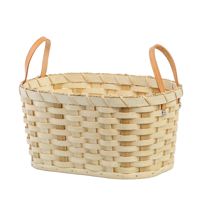 Handcrafted wooden toy laundry basket with two leather handles, made in the USA by Amish artisans, perfect for children's indoor play and wash day accessories collections.