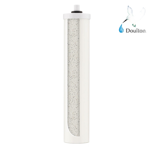 White cylindrical limescale reduction filter element with granular interior, designed for DUO systems to protect appliances, featured in Appliances, Water Heating and Treatment, Best Sellers, and Promo Eligible collections.