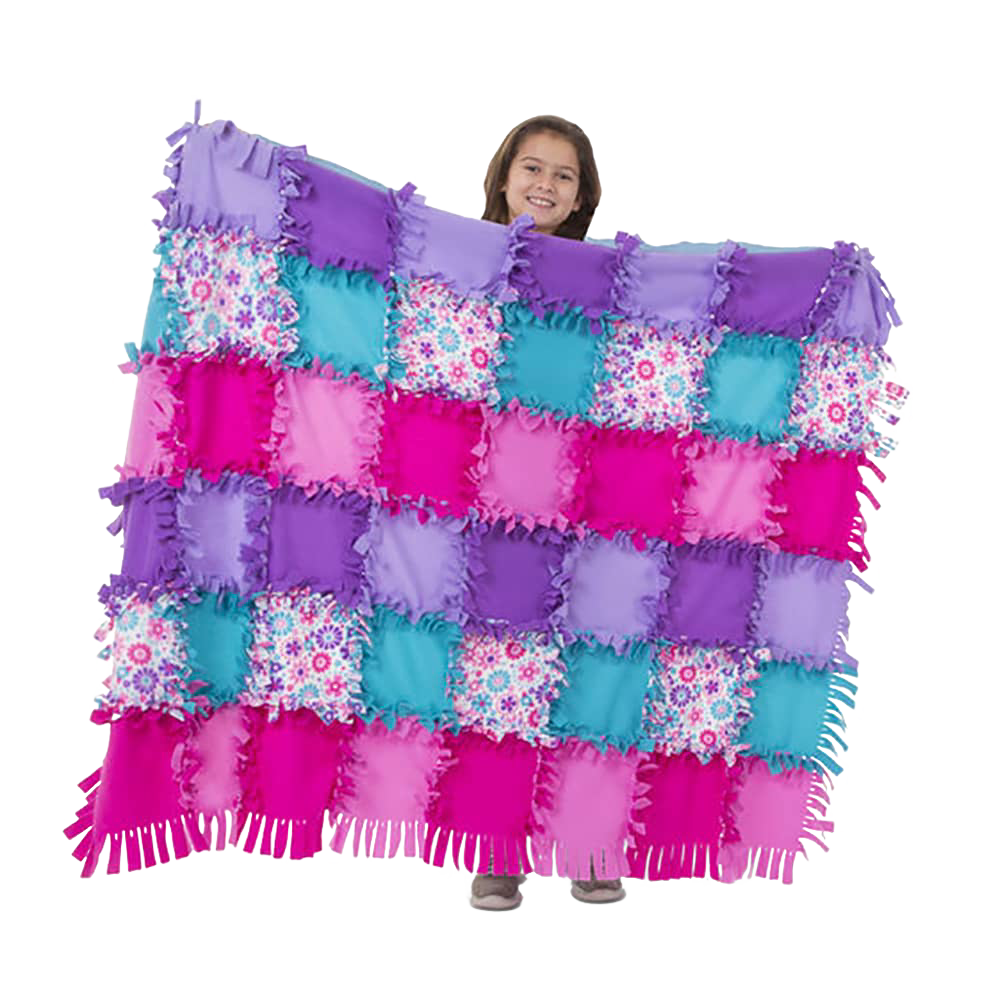 Child holding a large, handcrafted fleece quilt made of colorful purple, pink, teal, and floral patterned squares with tied fringe edges, promoting creativity in children's arts and crafts, toys, and best sellers collections.