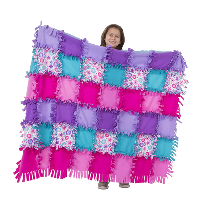 Child holding a large, handcrafted fleece quilt made of colorful purple, pink, teal, and floral patterned squares with tied fringe edges, promoting creativity in children's arts and crafts, toys, and best sellers collections.