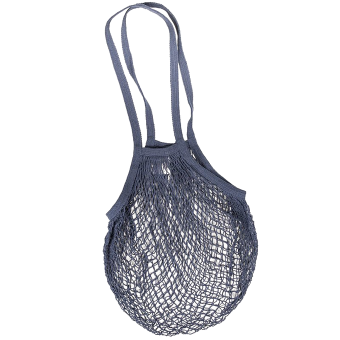 Dark gray 100% natural cotton reusable string bag with shoulder handles, stretchable and lightweight for carrying various items, ideal for Kitchen & Food, Storage and Serving, Best Sellers, and Promo Eligible collections.