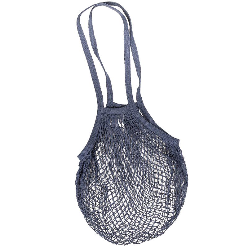 Dark gray 100% natural cotton reusable string bag with shoulder handles, stretchable and lightweight for carrying various items, ideal for Kitchen & Food, Storage and Serving, Best Sellers, and Promo Eligible collections.