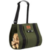 Green canvas sling-style firewood carrier with black straps and adjustable shoulder sling, holding split logs, designed for ergonomic wood hauling, made in USA and ideal for Farm, Garden & Tool, Wood Cutting and Hauling, Hearth Accessories, and Best Sellers collections.