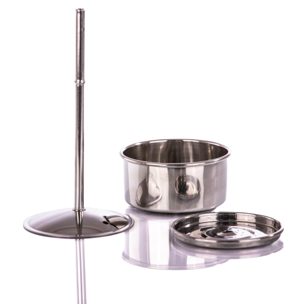Three-piece stainless steel coffee press set including a plunger, a perforated filter disc, and a cylindrical brewing container, ideal for camping and kitchen use.