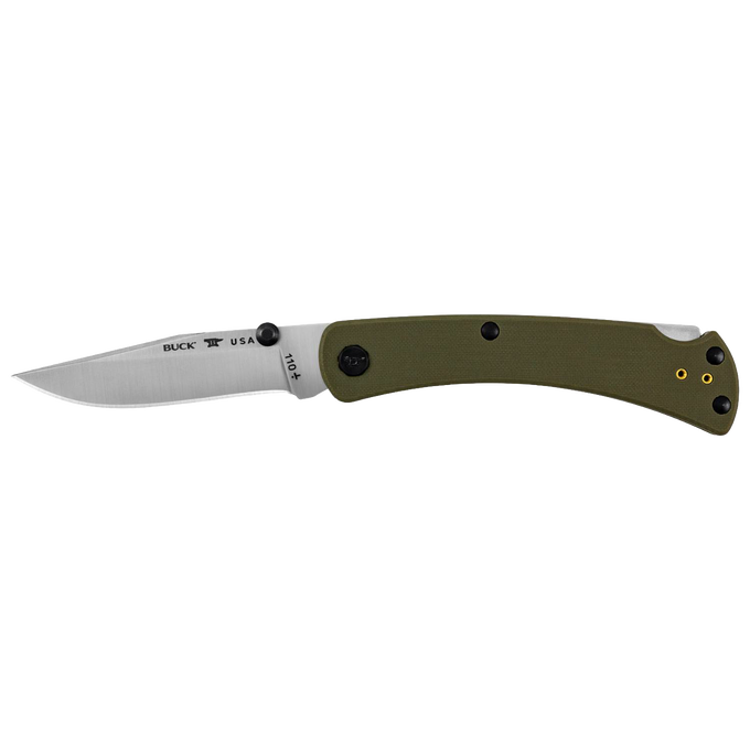 Slim folding knife with partially serrated stainless steel blade and olive green textured handle, featuring dual thumbstuds and reversible deep carry pocket clip, made in USA, ideal for Farm, Garden & Tool, Hand Tools and Hardware, and Best Sellers collections.