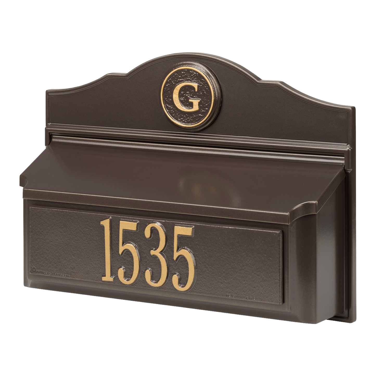 Handcrafted bronze and gold wall mount mailbox featuring a personalized house number and monogram, made in USA, ideal for Home & Decor, Mailboxes and Address Signs, and Household Helpers collections.