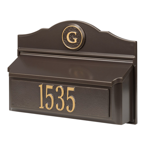 Handcrafted bronze and gold wall mount mailbox featuring a personalized house number and monogram, made in USA, ideal for Home & Decor, Mailboxes and Address Signs, and Household Helpers collections.