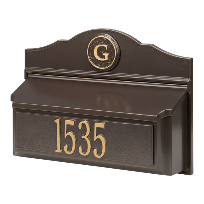 Handcrafted bronze and gold wall mount mailbox featuring a personalized house number and monogram, made in USA, ideal for Home & Decor, Mailboxes and Address Signs, and Household Helpers collections.