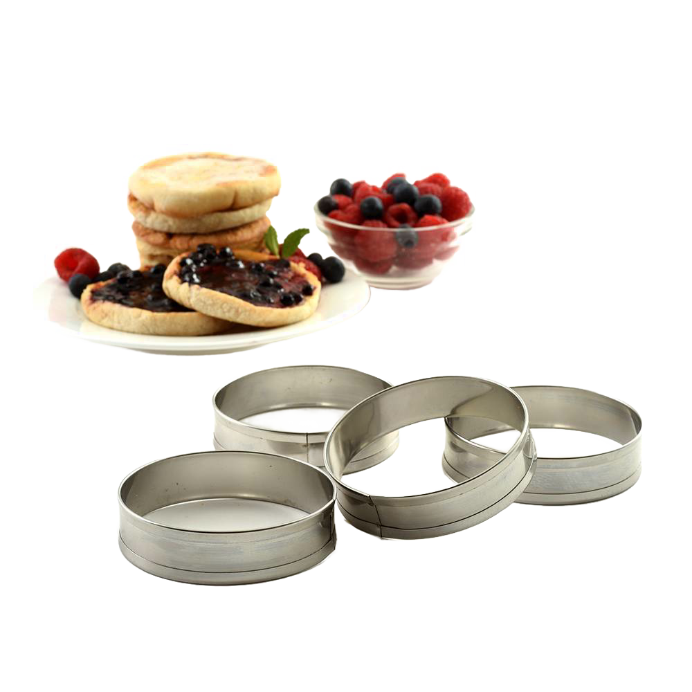 Set of four stainless steel rings designed for shaping English muffins or crumpets on a griddle, ideal for Kitchen & Food, Kitchen Gadgets, Cooking and Baking Helpers, Best Sellers, and Promo Eligible collections.