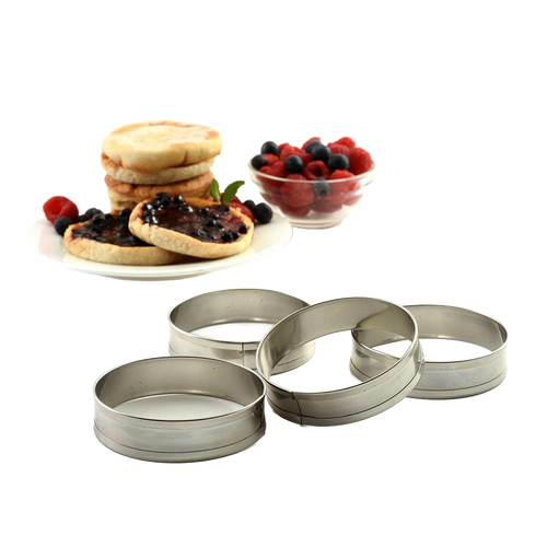 Set of four stainless steel rings designed for shaping English muffins or crumpets on a griddle, ideal for Kitchen & Food, Kitchen Gadgets, Cooking and Baking Helpers, Best Sellers, and Promo Eligible collections.