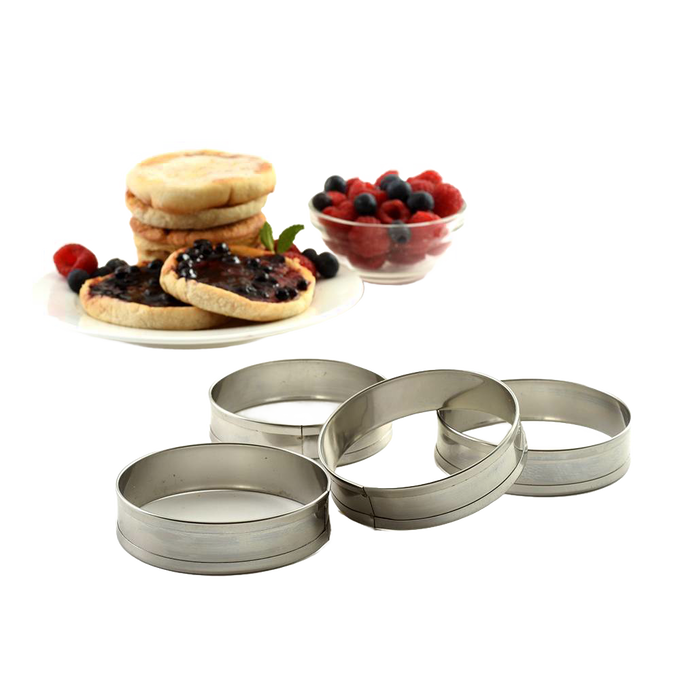Set of four stainless steel rings designed for shaping English muffins or crumpets on a griddle, ideal for Kitchen & Food, Kitchen Gadgets, Cooking and Baking Helpers, Best Sellers, and Promo Eligible collections.