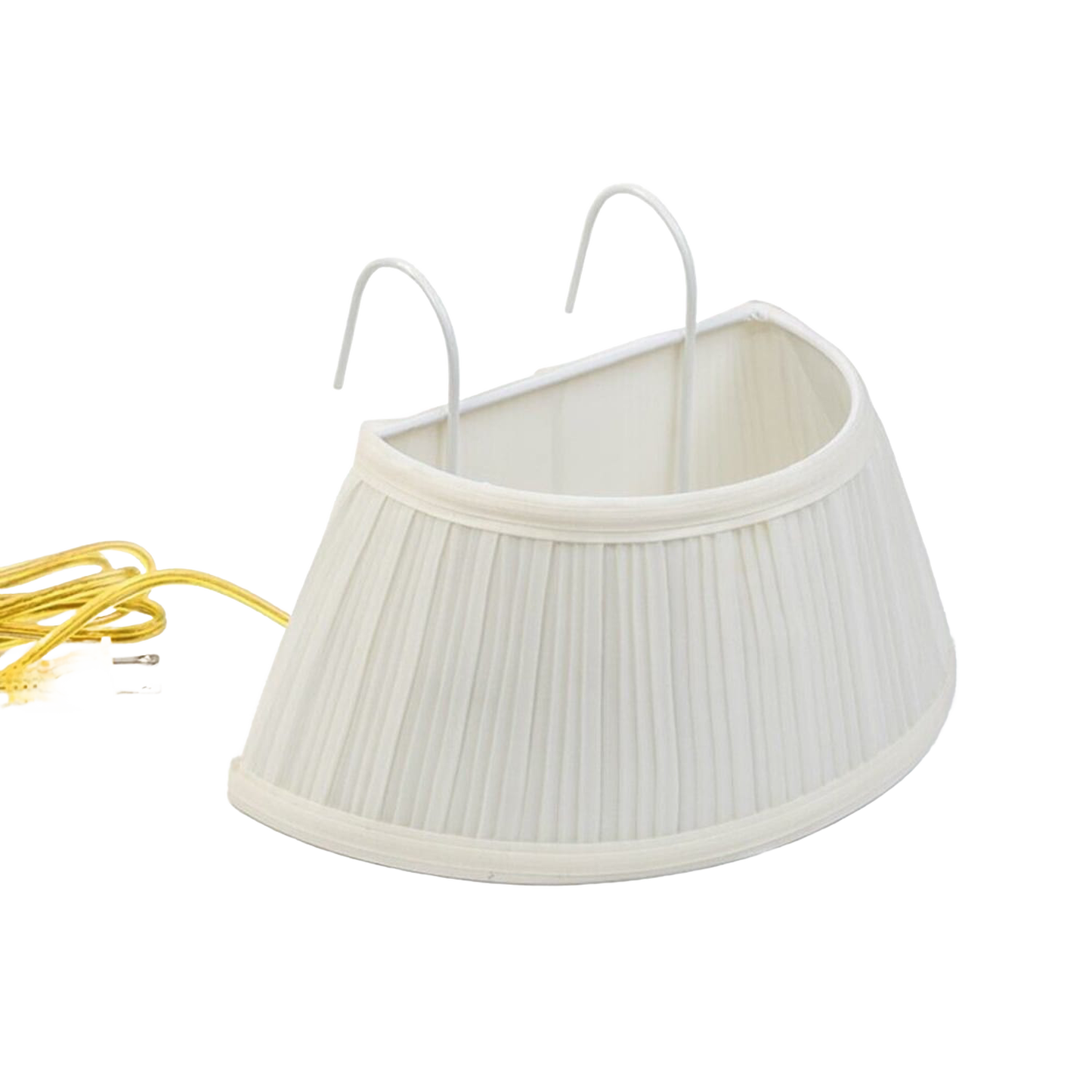 White pleated fabric headboard lamp shade with two metal hooks and yellow cord, designed for easy bedside lighting, suitable for home, camping, and outdoor decor collections.