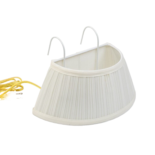 White pleated fabric headboard lamp shade with two metal hooks and yellow cord, designed for easy bedside lighting, suitable for home, camping, and outdoor decor collections.