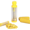 Kitchen tool with durable plastic body and stainless steel blade designed for quick corn kernel removal into a cylinder, ideal for food preservation and freezing tasks.