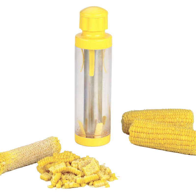 Kitchen tool with durable plastic body and stainless steel blade designed for quick corn kernel removal into a cylinder, ideal for food preservation and freezing tasks.