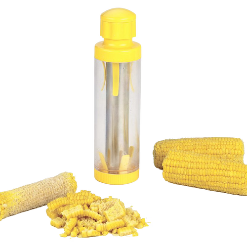 Kitchen tool with durable plastic body and stainless steel blade designed for quick corn kernel removal into a cylinder, ideal for food preservation and freezing tasks.