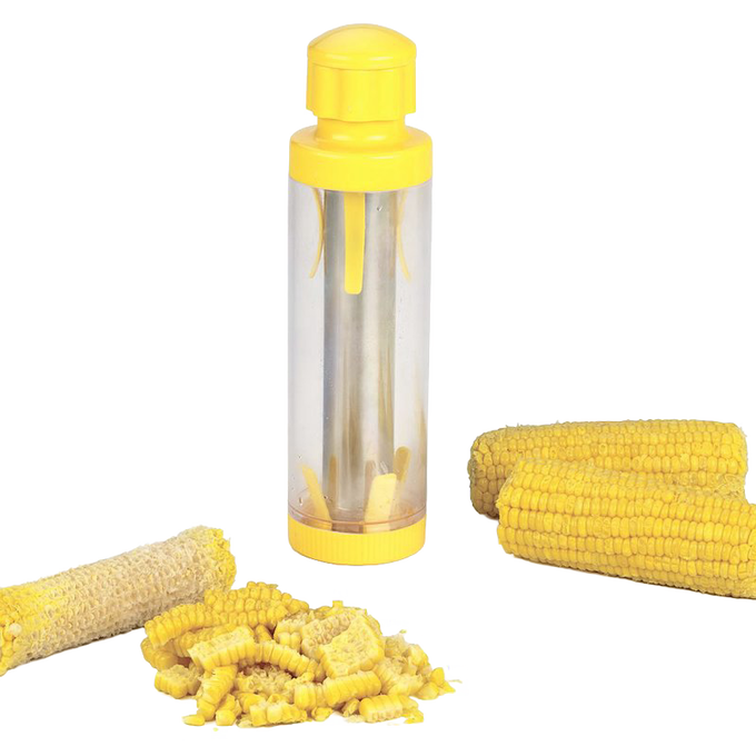 Kitchen tool with durable plastic body and stainless steel blade designed for quick corn kernel removal into a cylinder, ideal for food preservation and freezing tasks.