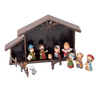 Compact nativity scene with painted figurines including baby Jesus, Mary, Joseph, the three Magi, and animals, set in a metal creche, perfect for holiday decor and home displays.