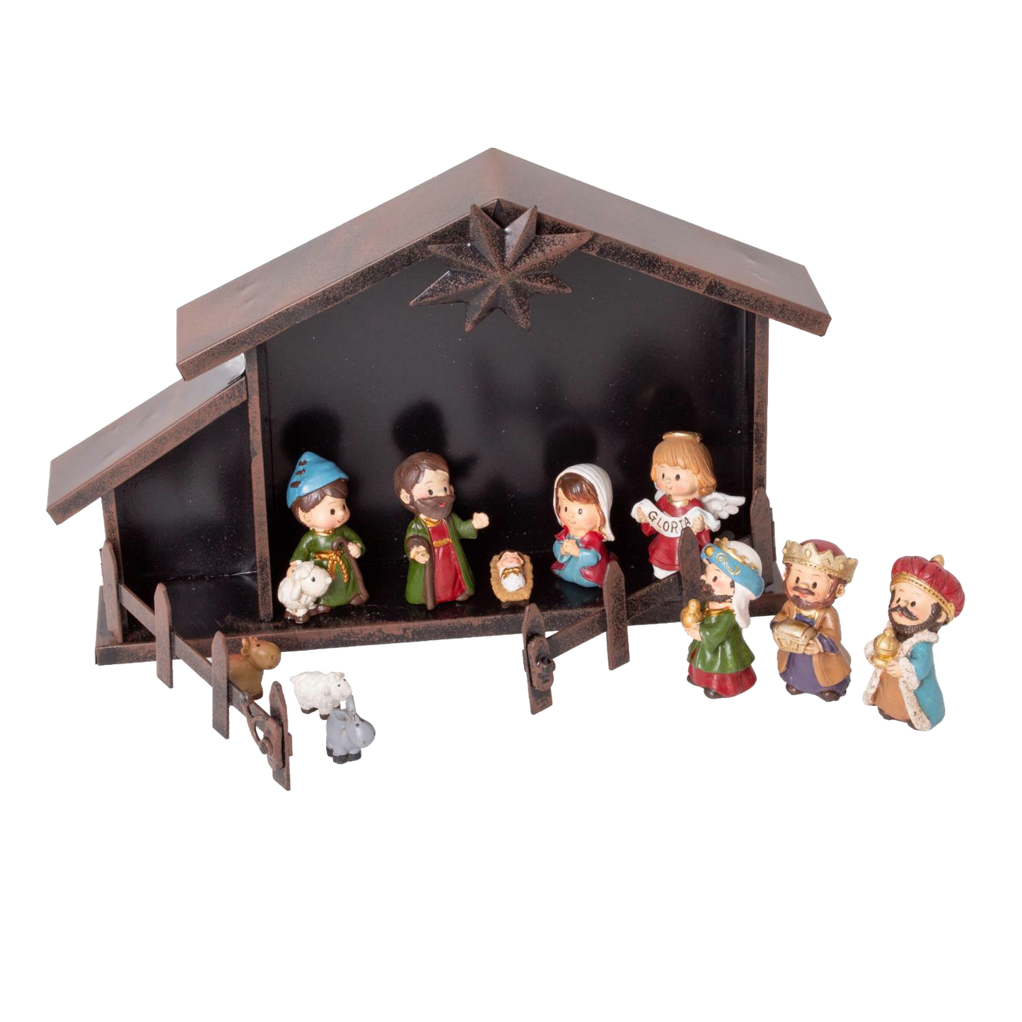 Compact nativity scene with painted figurines including baby Jesus, Mary, Joseph, the three Magi, and animals, set in a metal creche, perfect for holiday decor and home displays.