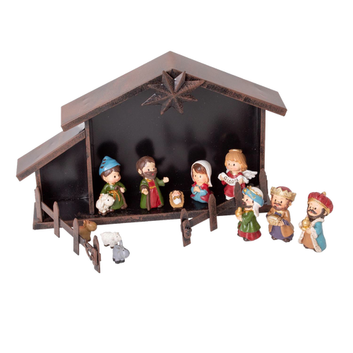 Compact nativity scene with painted figurines including baby Jesus, Mary, Joseph, the three Magi, and animals, set in a metal creche, perfect for holiday decor and home displays.