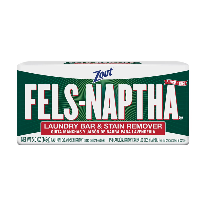 Green and white packaged Fels-Naptha laundry bar and stain remover, handcrafted and made in USA, ideal for Home & Decor, Soaps and Soapmaking, Laundry Supplies, and Best Sellers collections.