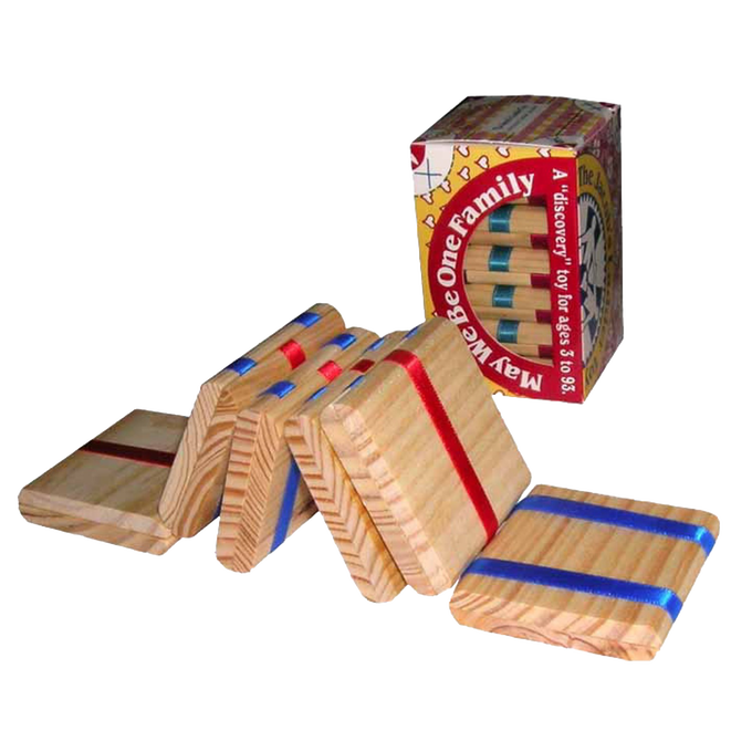 Handcrafted wooden tumbling blocks connected by red, white, and blue ribbons in a classic cascade toy, made in USA, featured in Toys, Books & Games and Children's Toys collections.