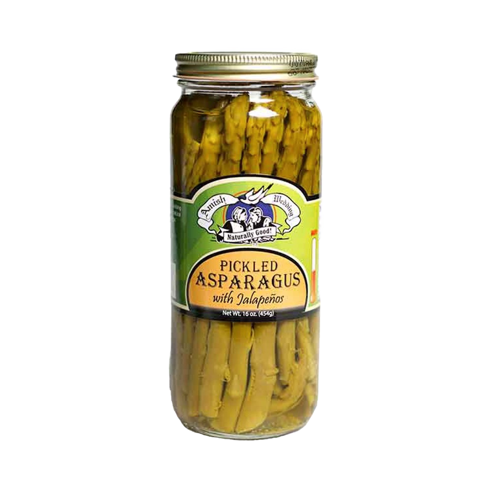 Glass jar of handcrafted pickled asparagus spears with jalapenos, made in USA, offering a tangy flavor perfect for Kitchen & Food, Pantry, USA Made, Best Sellers, and Promo Eligible collections.
