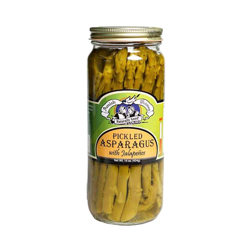 Glass jar of handcrafted pickled asparagus spears with jalapenos, made in USA, offering a tangy flavor perfect for Kitchen & Food, Pantry, USA Made, Best Sellers, and Promo Eligible collections.