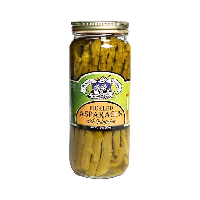 Glass jar of handcrafted pickled asparagus spears with jalapenos, made in USA, offering a tangy flavor perfect for Kitchen & Food, Pantry, USA Made, Best Sellers, and Promo Eligible collections.