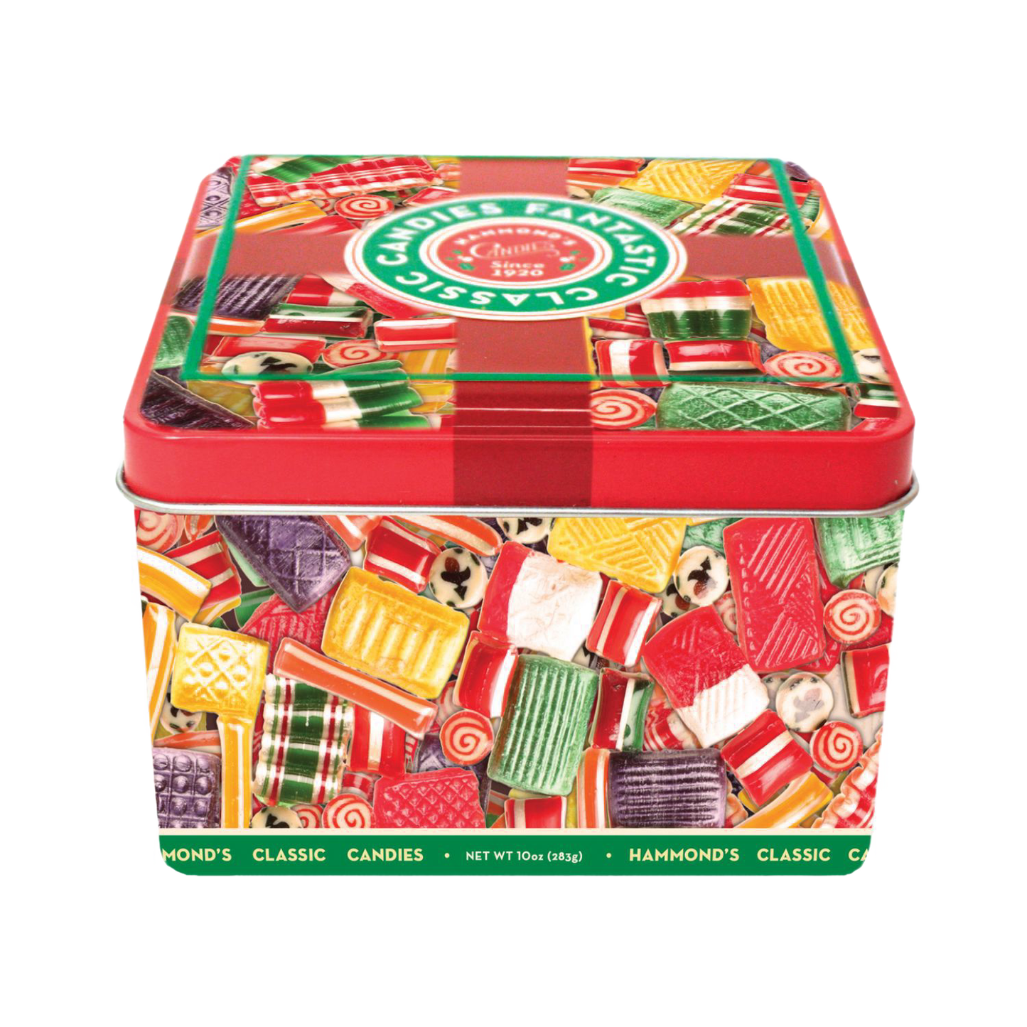 Colorful vintage-style metal tin decorated with assorted candy shapes and vibrant hues, reflecting classic American snacks and sweets traditions from the Kitchen & Food collection.
