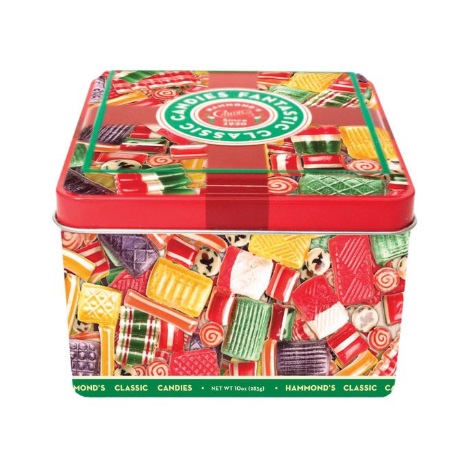 Colorful vintage-style metal tin decorated with assorted candy shapes and vibrant hues, reflecting classic American snacks and sweets traditions from the Kitchen & Food collection.
