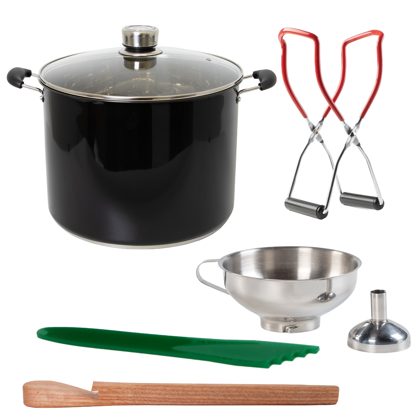 Handcrafted black water bath canner with glass lid paired with green silicone spatula, stainless steel funnel, wooden stirring paddle, and red-handled jar lifters for Kitchen & Food, Food Preservation, and Canning collections.