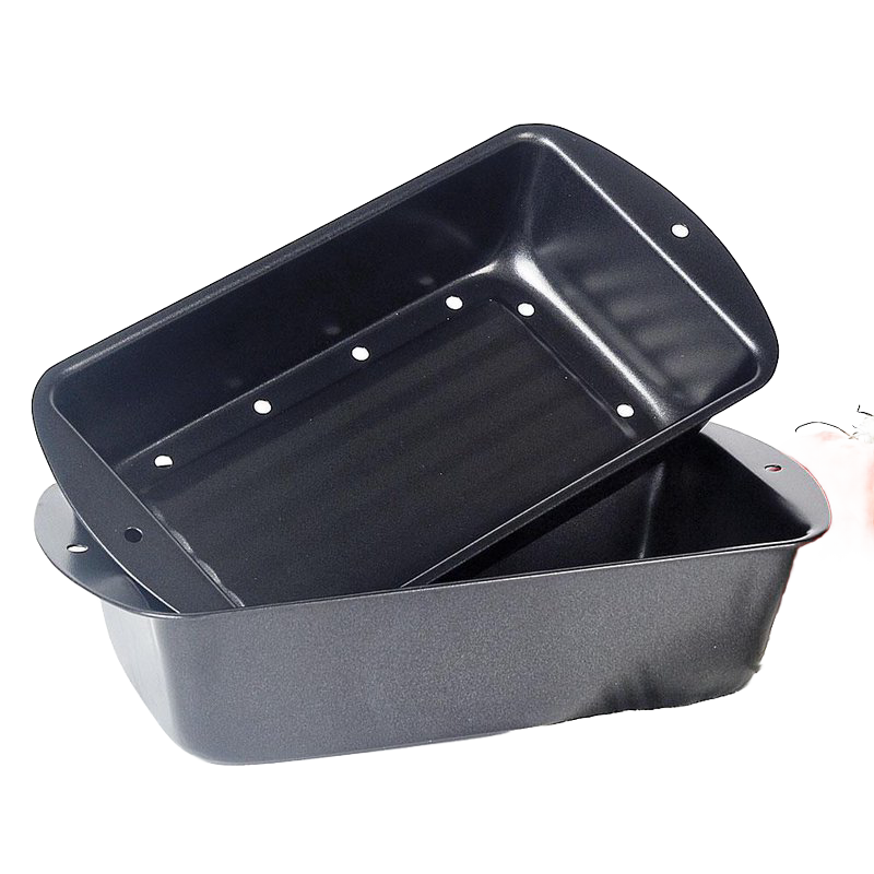 Two-piece non-stick black loaf pans with perforated inner pan for draining fat, ideal for baking and cooking in Kitchen & Food, Cookware, and Baking Supplies collections.