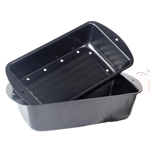 Two-piece non-stick black loaf pans with perforated inner pan for draining fat, ideal for baking and cooking in Kitchen & Food, Cookware, and Baking Supplies collections.