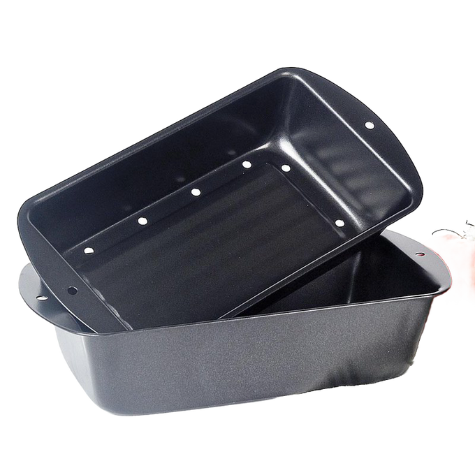 Two-piece non-stick black loaf pans with perforated inner pan for draining fat, ideal for baking and cooking in Kitchen & Food, Cookware, and Baking Supplies collections.