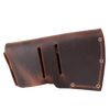 Handcrafted full-grain leather sheath with belt slots and snap closures, designed for protective axe storage, made in USA, Amish made, ideal for farm, garden, and hand tool collections.