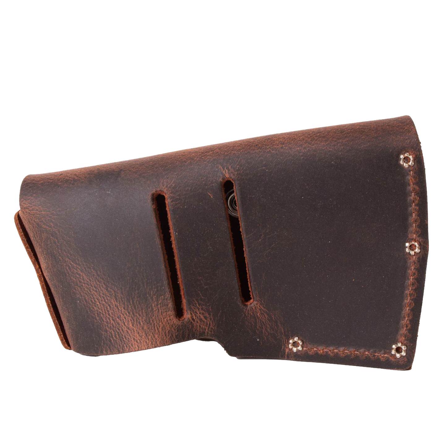 Handcrafted full-grain leather sheath with belt slots and snap closures, designed for protective axe storage, made in USA, Amish made, ideal for farm, garden, and hand tool collections.