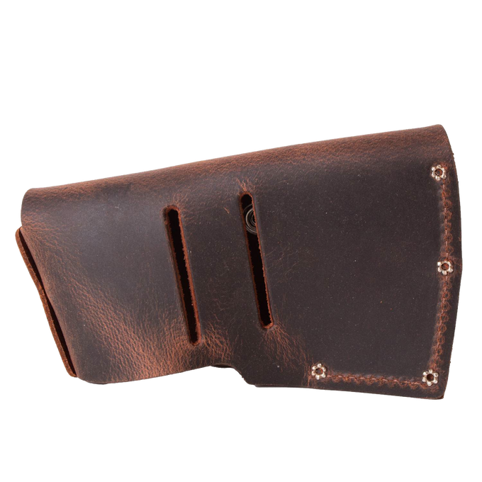 Handcrafted full-grain leather sheath with belt slots and snap closures, designed for protective axe storage, made in USA, Amish made, ideal for farm, garden, and hand tool collections.