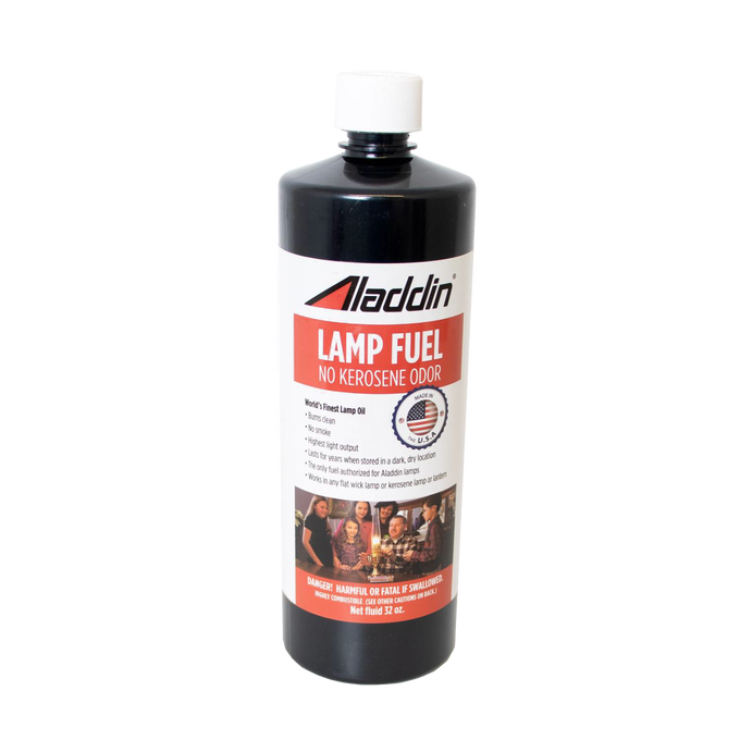 Black bottle of clear lamp fuel with a red and white label emphasizing no kerosene odor, designed for Aladdin lamps with high light output, part of Lamps & Lighting and Lamp and Lantern Fuel collections.