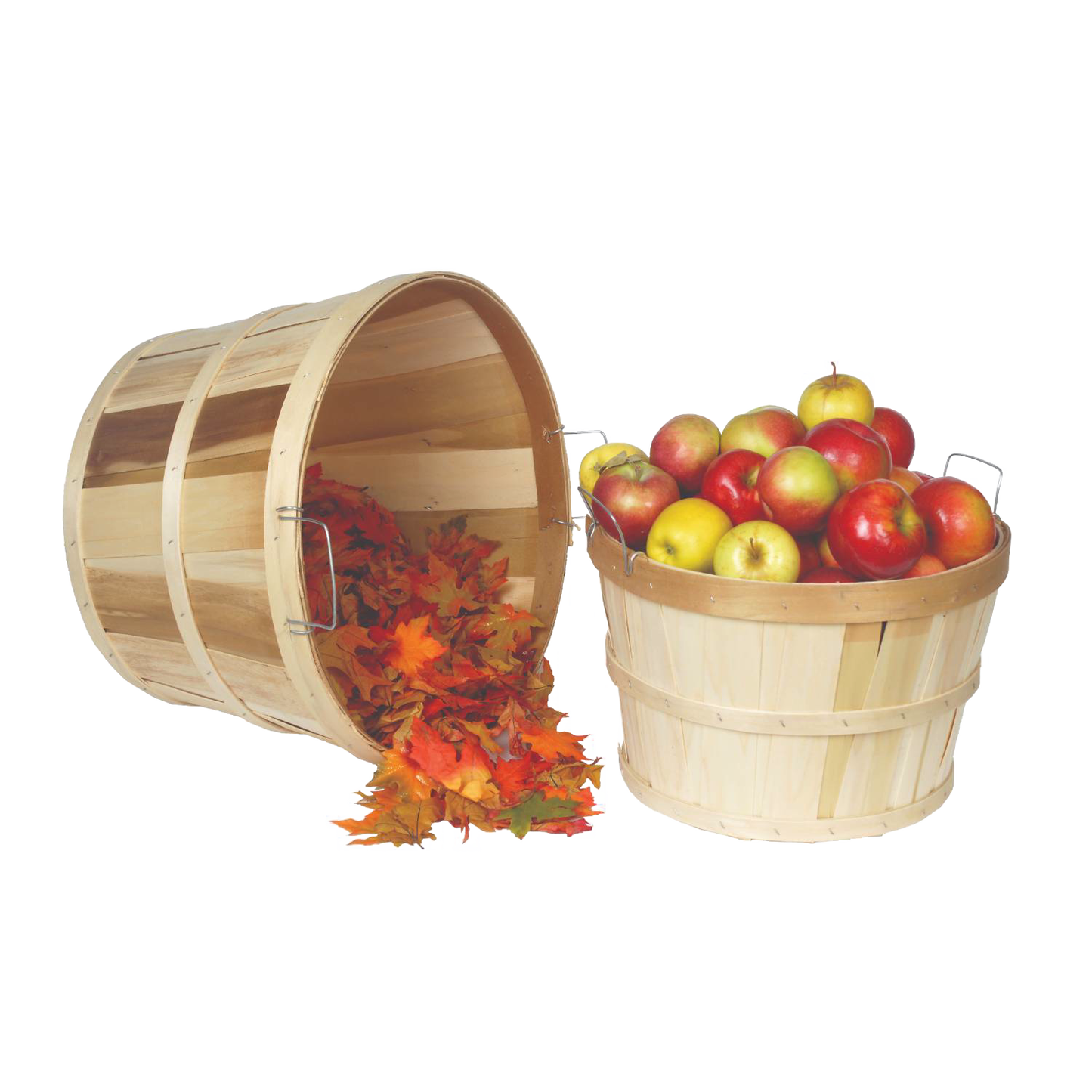 Set of two handcrafted untreated poplar wood baskets, one half and one full bushel, with metal handles, ideal for harvesting and storage, featured in Farm, Garden & Tool and USA Made collections.